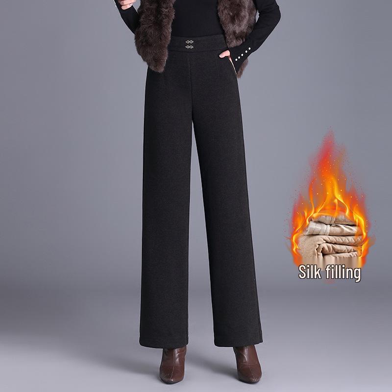 Women's 2025 Winter High-Waisted Woolen Silk Cotton Wide-Leg Pants: Loose, Warm, Drape, Hip-Covering Straight-Leg Design