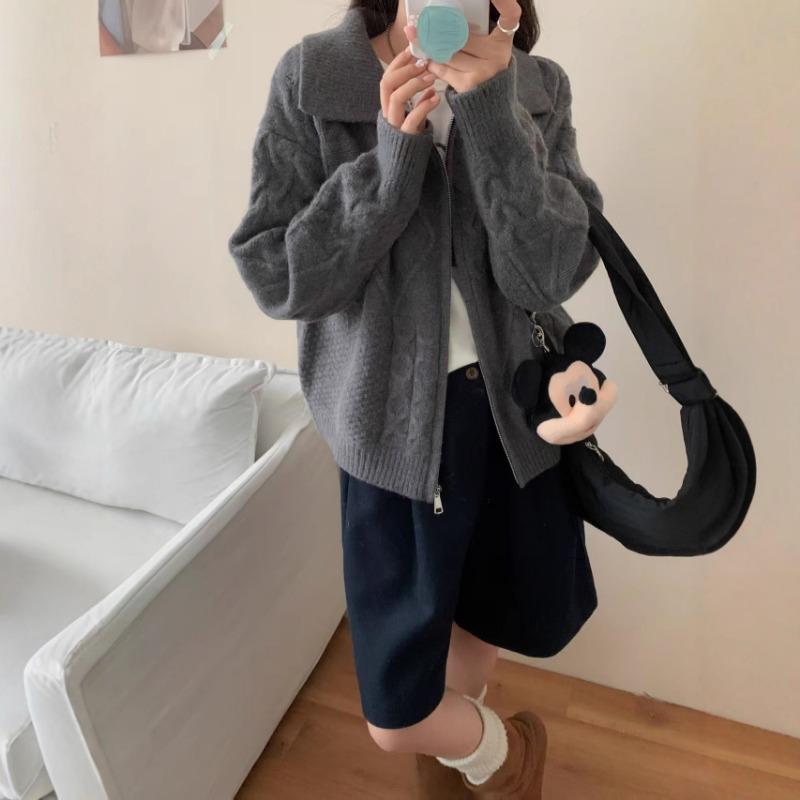 Vintage knitted cardigan women's clothing autumn and winter new loose lazy wind twist lapel zipper sweater jacket women