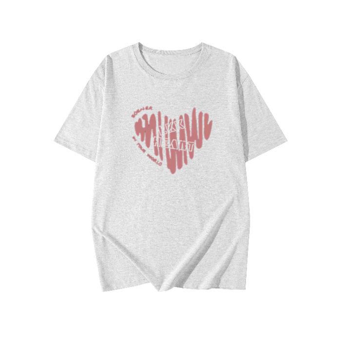 Plus Size Cotton T-Shirt - Women's Summer Short Sleeve Pink Heart Mid-Length Loose European Style