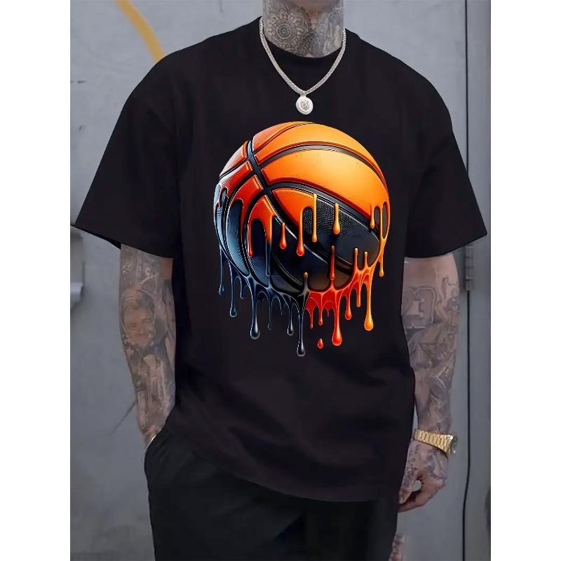 

European size Trendy Melting Basketball Pattern Print Men s Crew Neck Short Sleeve T-Shirt Fashion Regular Fit T-Shirt Spring Summer Vacation 4XL чорний