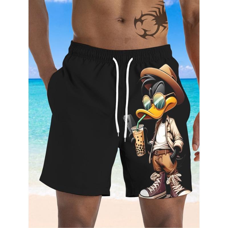 Men's Black Beach Shorts with Printed Duck Graphic - Casual Street Style Non-Stretch Fabric Regular Fit Plus Size Machine