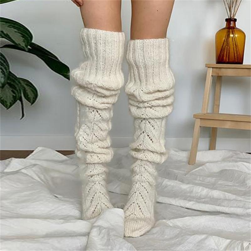 Hollowed Out Knitted Over Knee Long Socks for Women Winter Fall Thigh High Stockings Solid Color Thermal Long Leg Warmer