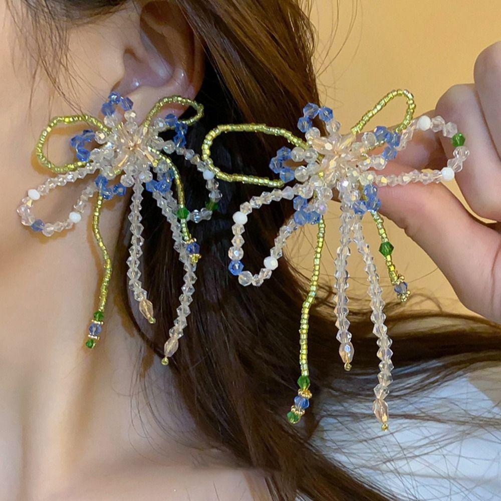 

Hand Woven Flower Bow Rice Bead Earrings Fashion Tassel Pendant Women 02