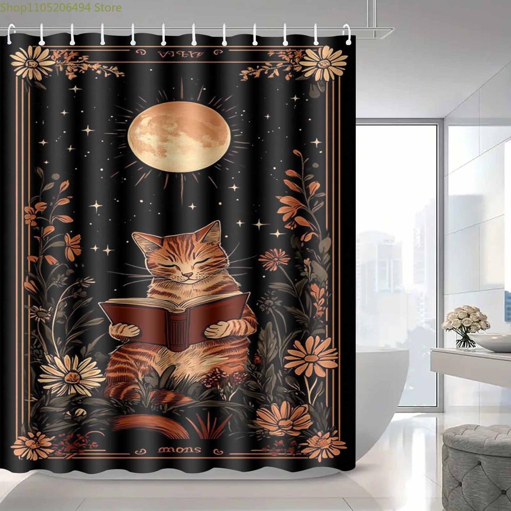 1pc Elegant Cat Reading Book Shower Curtain - Black & Golden Artistic Bathroom Decor with Tabby Cat, Moon & Stars Floral Patte
