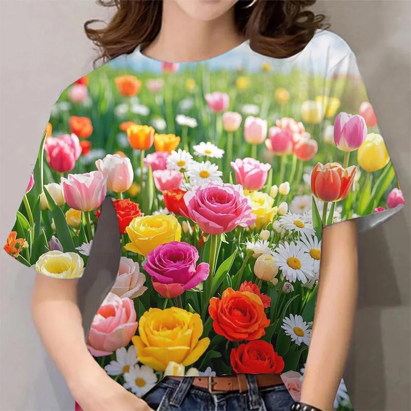 Women's Floral Print Casual T-Shirt - Short Sleeve Top