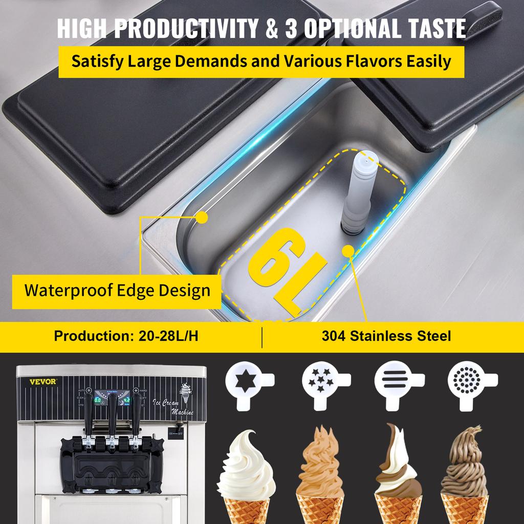 Commercial Soft Ice Cream Machine,2200W 3 Flavors Ice Cream Maker,Auto Clean LCD Panel for Restaurant
