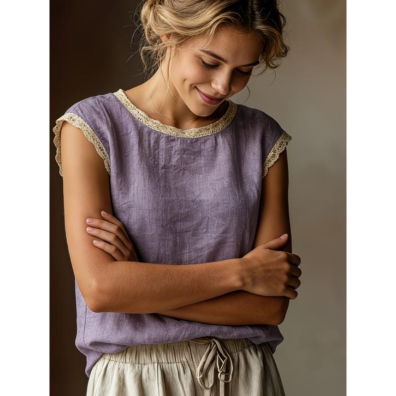 Summer Women's New Loose Solid Color Round Neck Lace Sleeveless Cotton and Linen Shirt