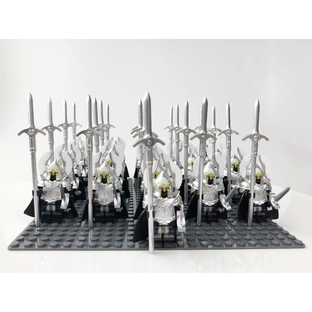 21Pcs/lot Dane Iron Feet Eomer Rohan Warriorr Vs Uruk Hai Army Figrues With Shield Sword Bow Spear Building Blocks Toys for Kids