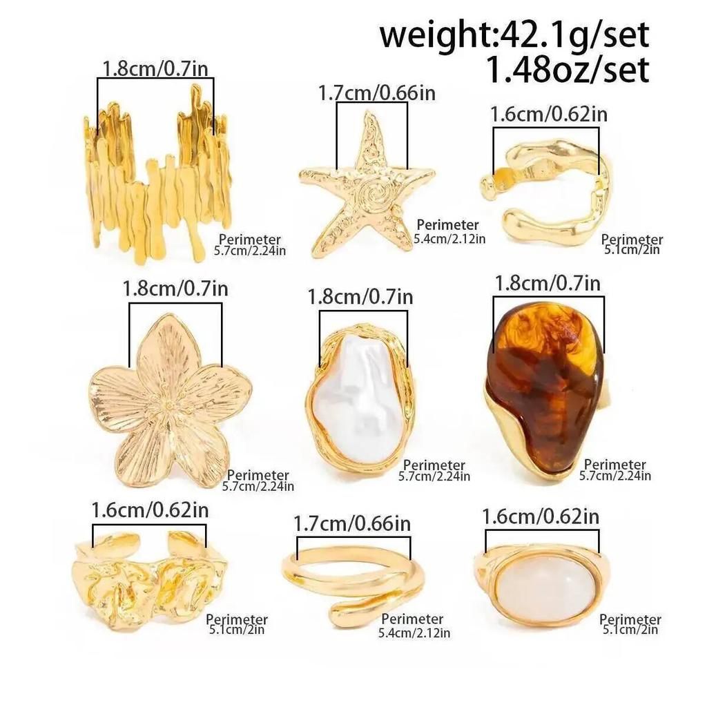 SHIXIN 9Pcs/Set Elegant Irregular Baroque Imitation Pearl Open Rings Women Trendy Creative Geometry Finger Ring Wedding Jewelry