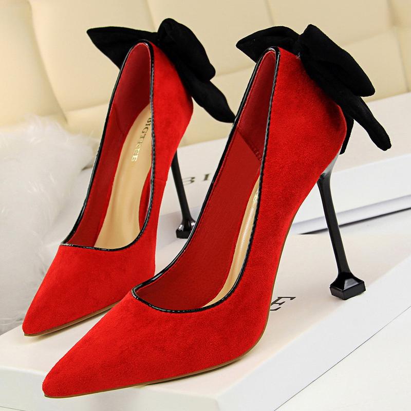 

BIGTREE Shoes Bowknot Women Pumps Stiletto High Heels Suede Women Shoes Wedding Shoes Designer New Pointed Women Heels 34