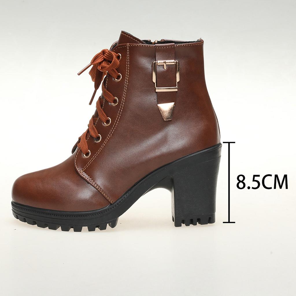 Large size women's short boots autumn and winter new belt buckle thick heel round head high heel Martin boots