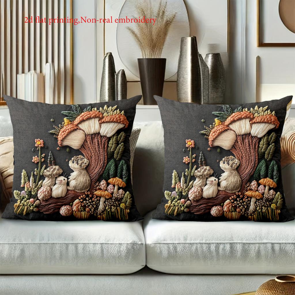 2D Flat Printing Embroidered Mushroom Hamster Design Cushion Pillow Polyester Pillowcase Sofa Decorative Cushion Cover