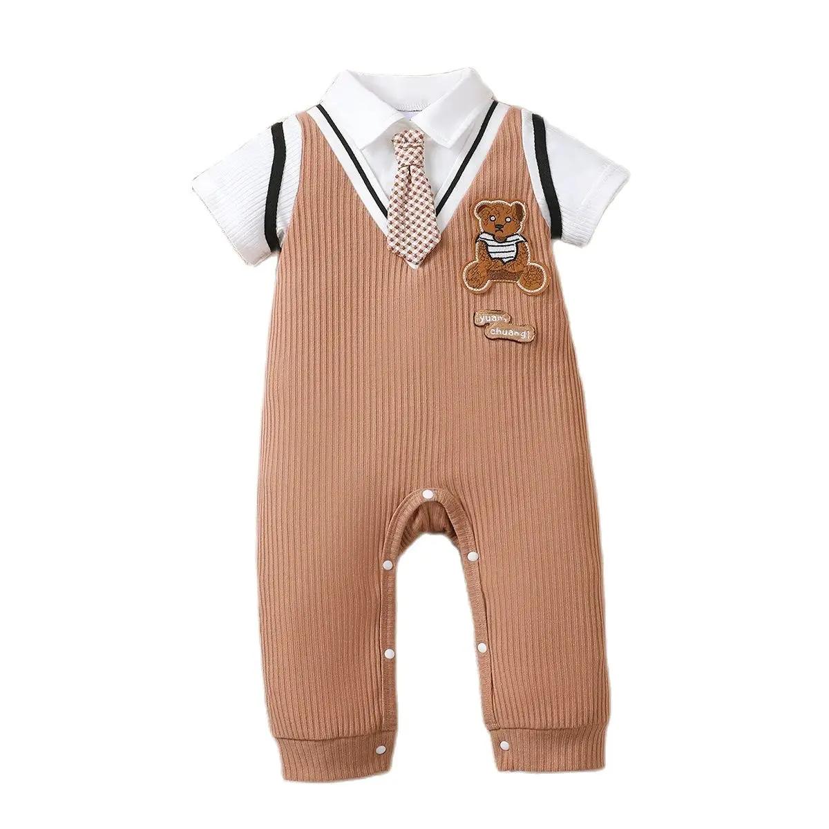 Birthday Clothing New Gentlemen Romper with Tie Short Sleeved Baby Onesie Summer Daily Wear Bodysuit for Toddler Boy 1-18 Months 1-3M хаки