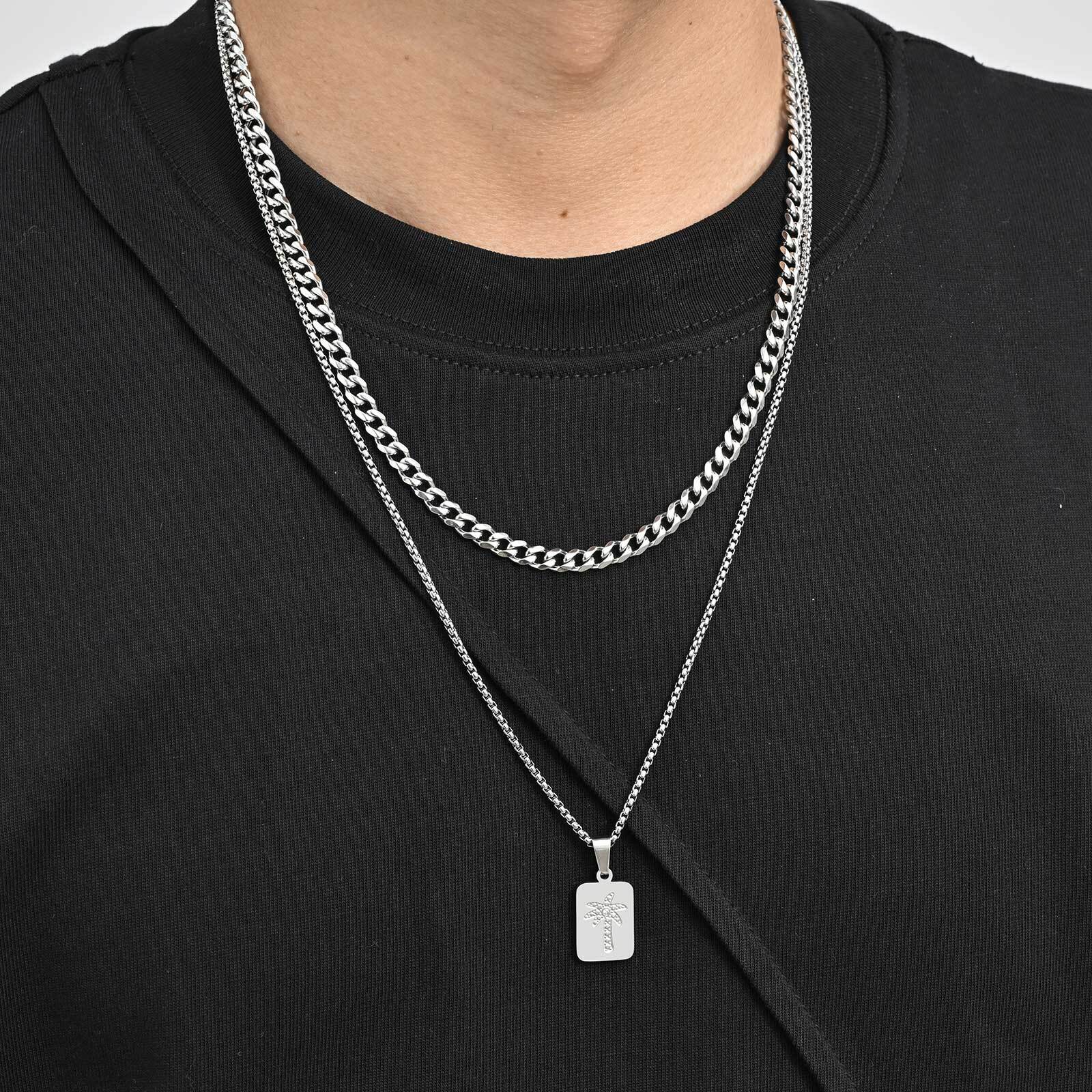 Stylish Men s Layered Necklace,Waterproof Stainless Steel Square Metal Necklace with Mini Zircon,Hip Hop Stacked Collar Gift
