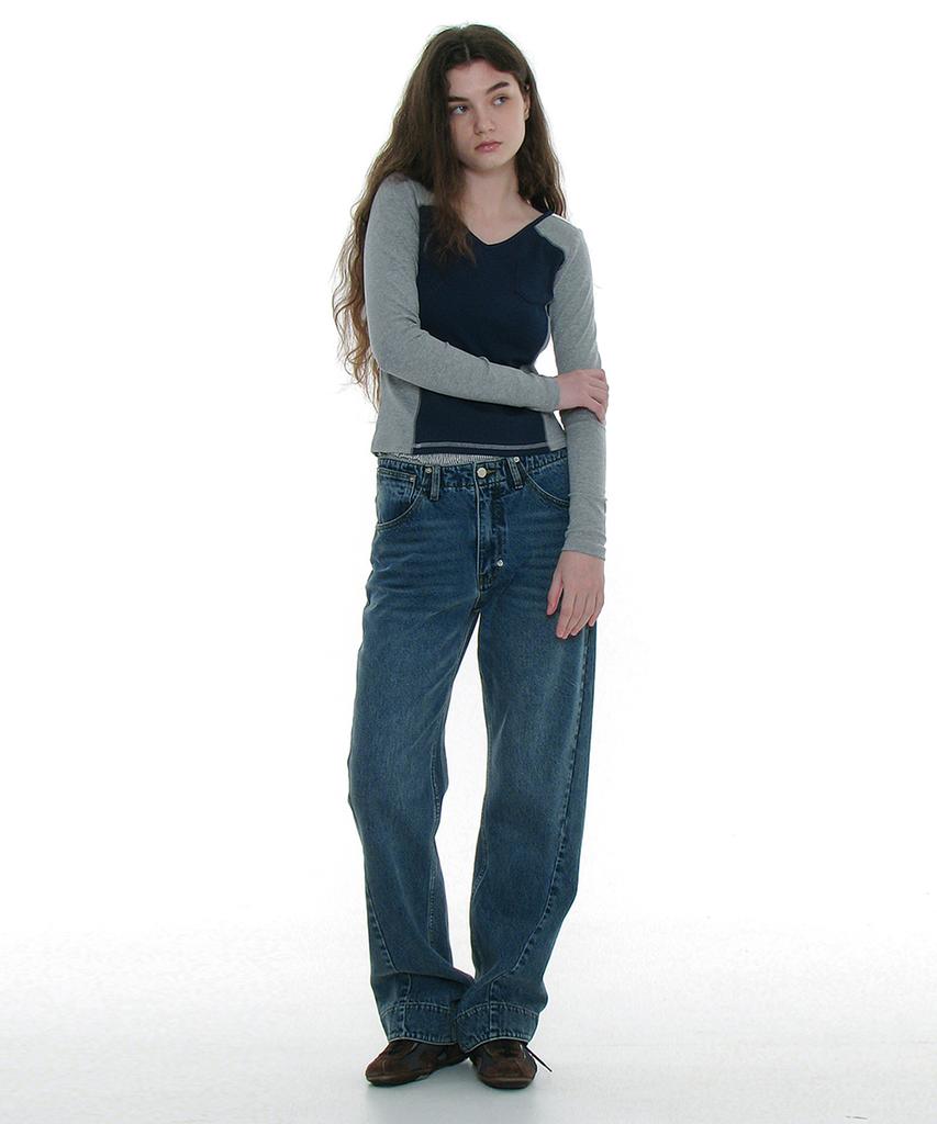 PARTIMENTO WOMEN Cut-Out V-Neck Colorblock Long Sleeve Tee_Navy