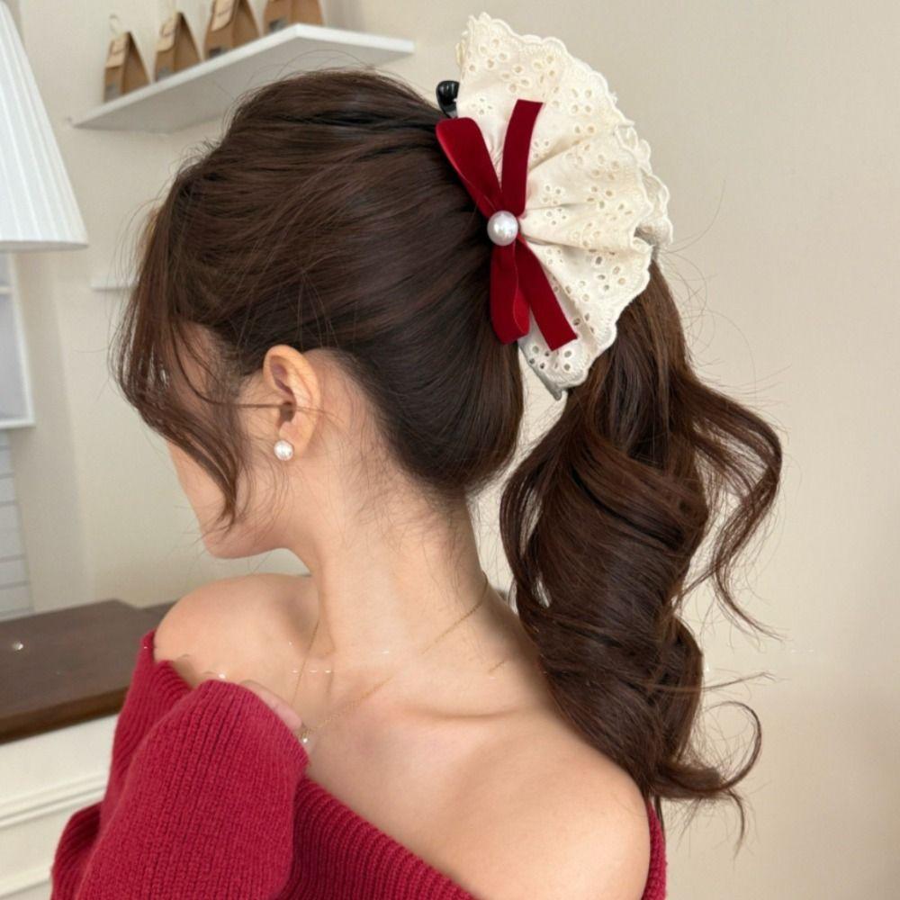 Hair Clips Red Velvet Bow Hair Clip Pearl Bow Vertical Clip Sweet Lace Bow Hairpin  Gift