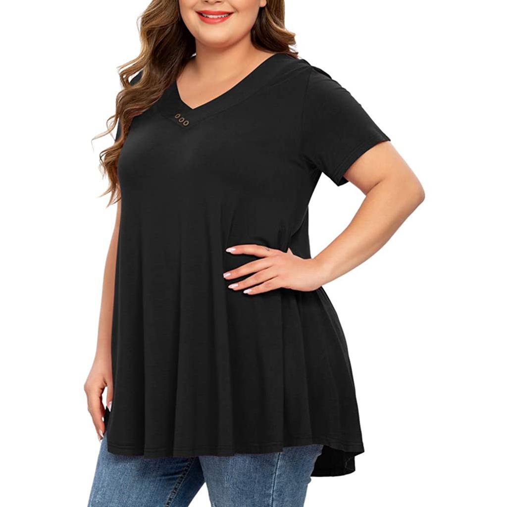 Large Size Women V-neck Button Short-Sleeved Color Loose Pullover T-shirt