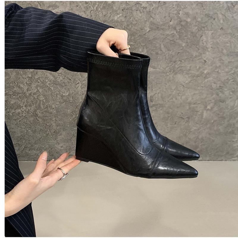 Slope Heel High Heel Short Boots 2025 New Autumn and Winter Pointed Elastic Thin Boots Black Retro Versatile Martin Boots Women