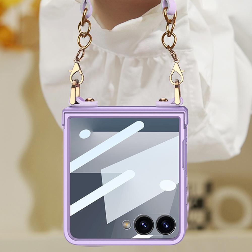 GKK For Samsung Galaxy Z Flip7 5G Case with Wrist Strap/Hinge Protection PC+Tempered Glass Slim Phone Cover