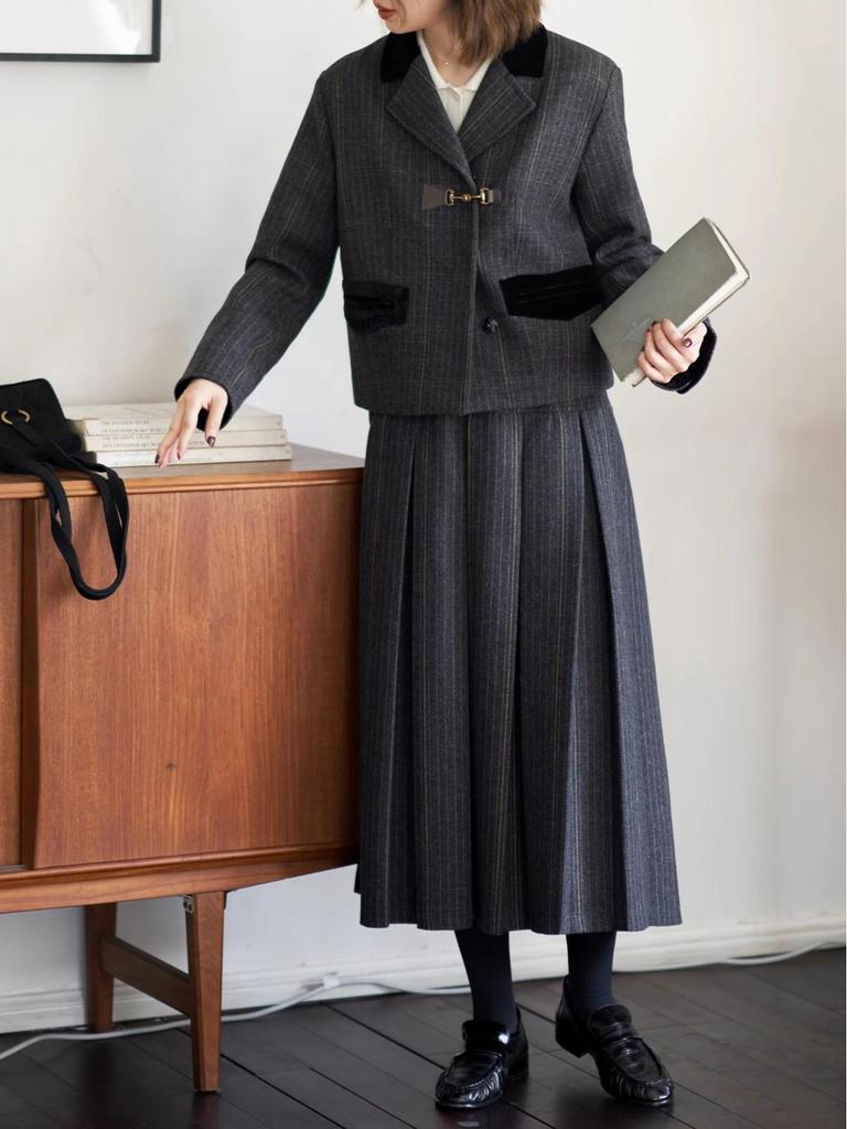 Ink Line Studio "Hogwarts" Retro Plaid Wool Suit & Vest Set with Pleated Skirt