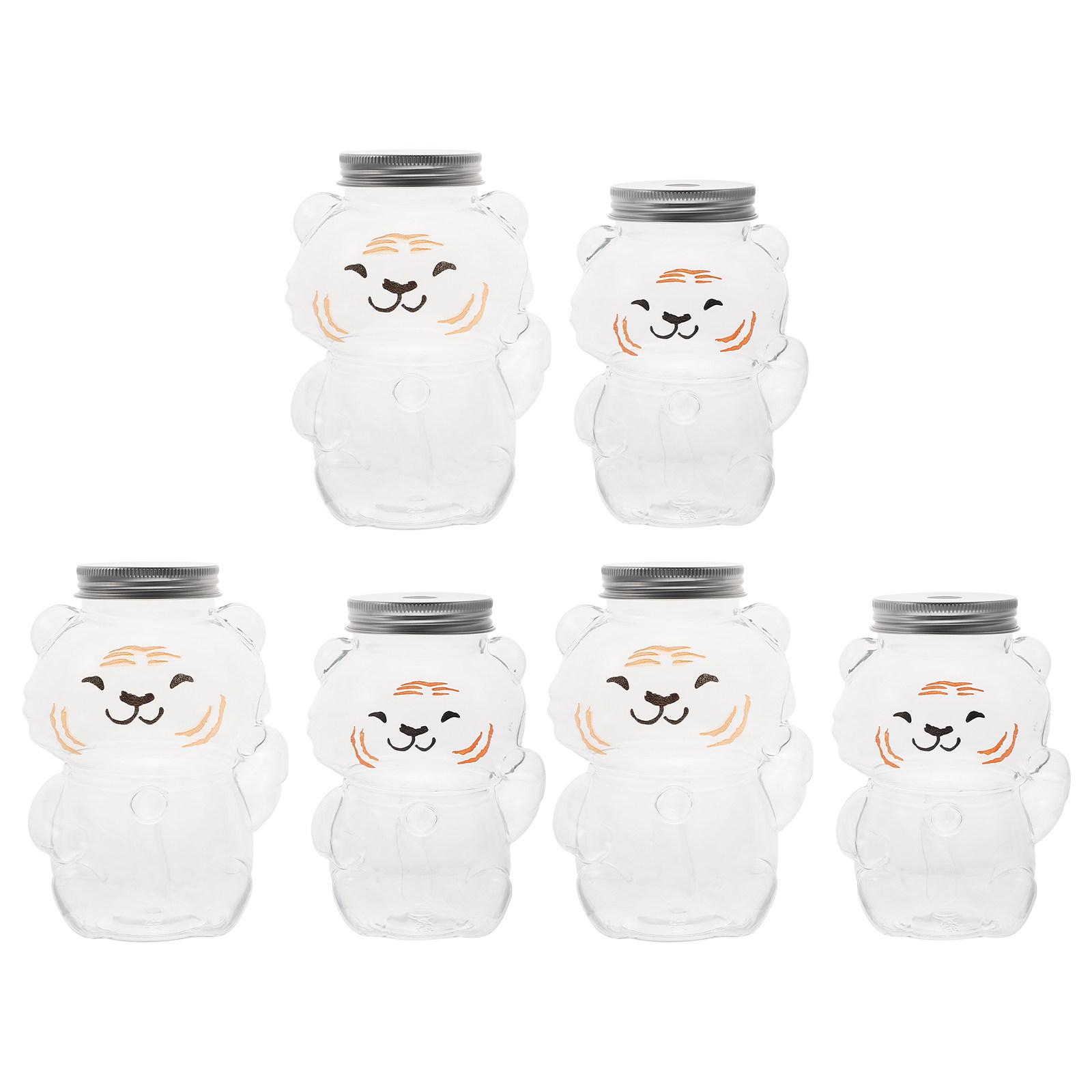 

6Pcs Cold Drink Bottles Creative Tiger Shape Portable Juice Bottles Transparent Plastic Beverage Containers Sealed Caps for Milk other