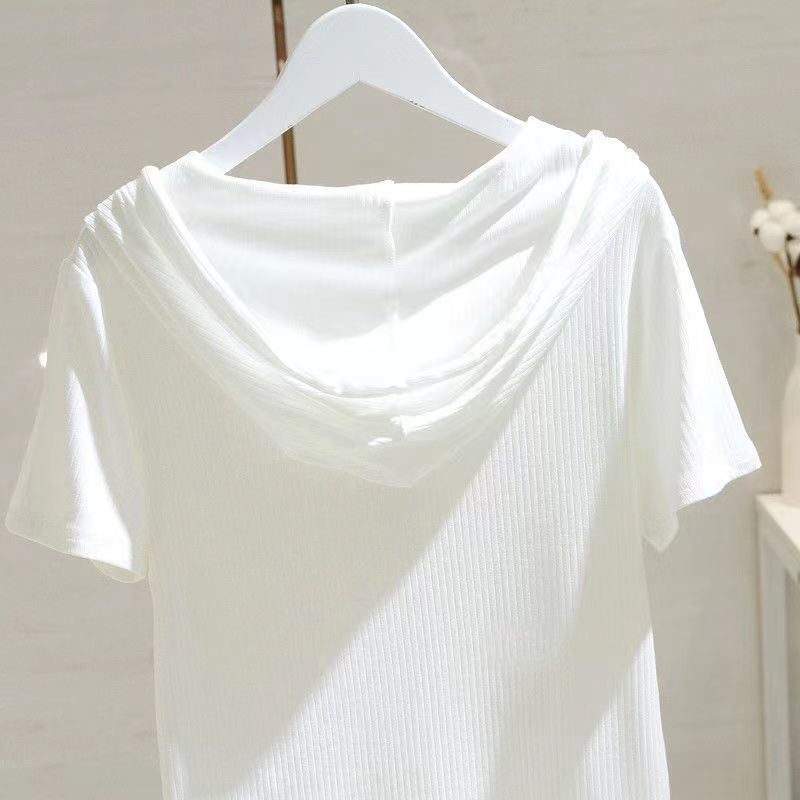 Hooded Short Sleeve T Shirts Women Streetwear Summer College Females Fashion Korean Arrival All Match Drawstring