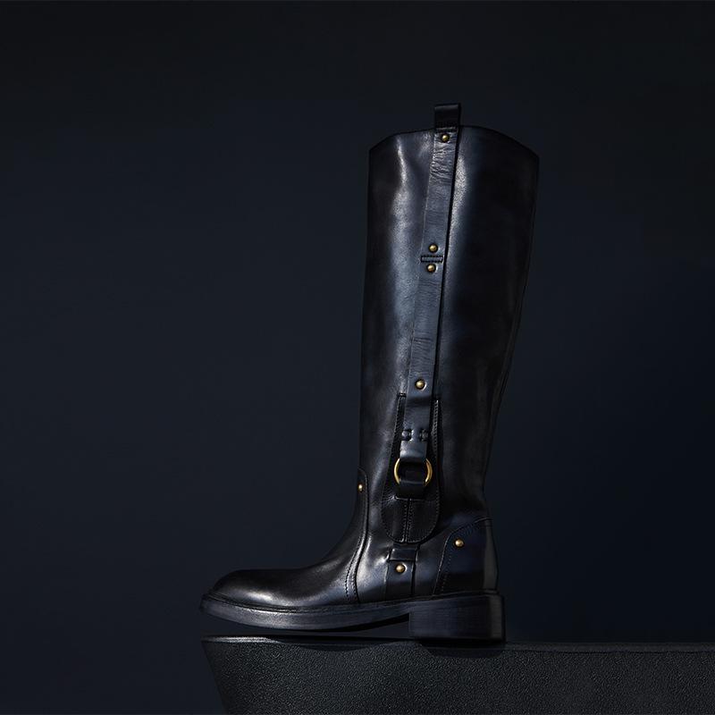 Cowhide version~ High tube temperament metal buckle but knee knight boots women's black leather thick heel side zipper boots