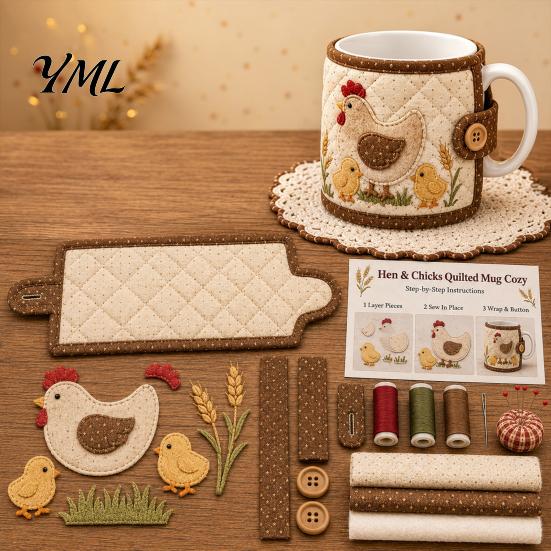 Quilted Mug Sleeve Pattern Farmhouse Friends Cozy Sewing Kit, DIY Animal Cup Craft, Handmade Fabric Craft Supplies Project with Festive Patterns,