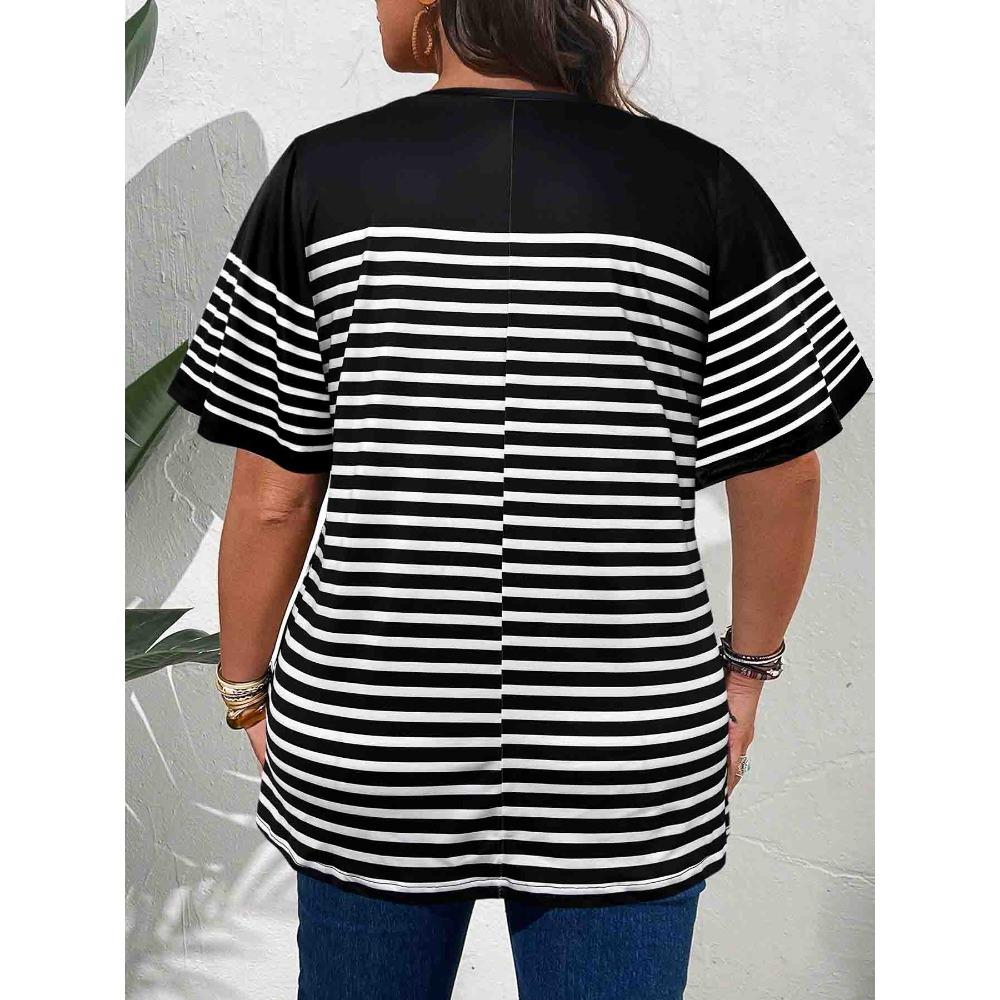 Women Striped T Shirts Oversized Crewneck Short Sleeve Tops Summer Casual Blouse Color Block Basic Tee