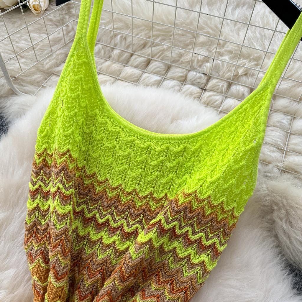 Sweet Spaghetti Strap Knit Dress 2026 Summer Beach Resort Style Trendy Gradient Color Dress