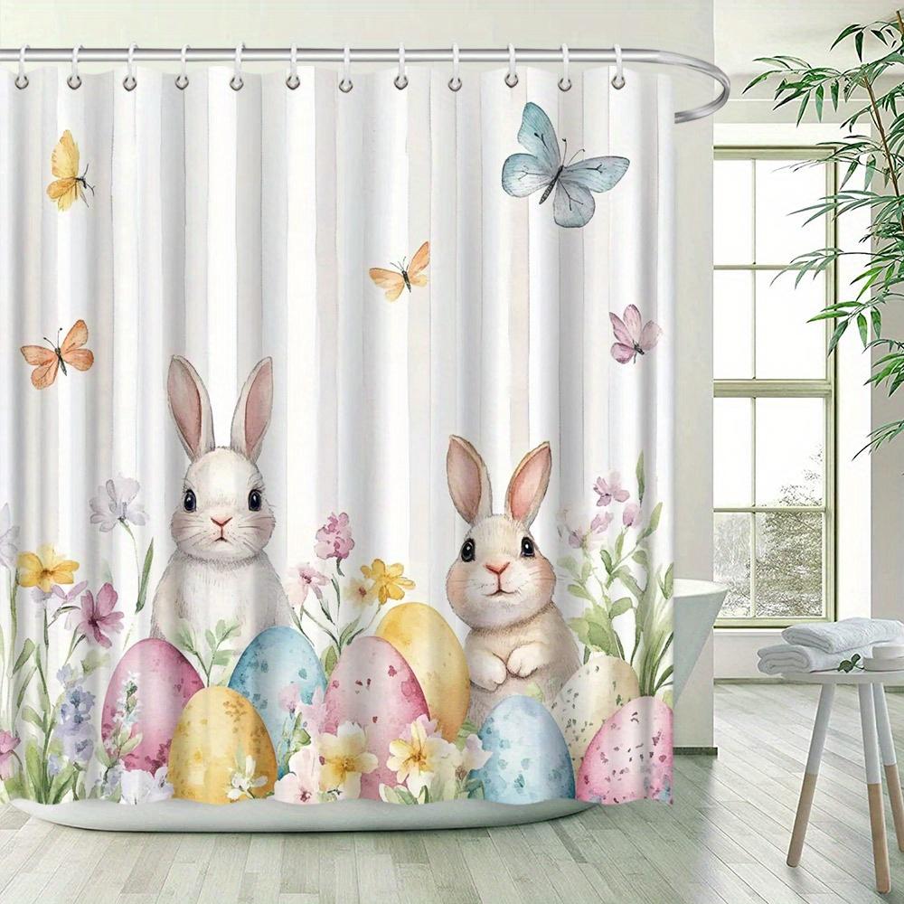 Easter Rabbit Shower Curtain - Watercolor Garden Design With Bunnies, Eggs & Butterflies, Festive Spring Theme, Polyester