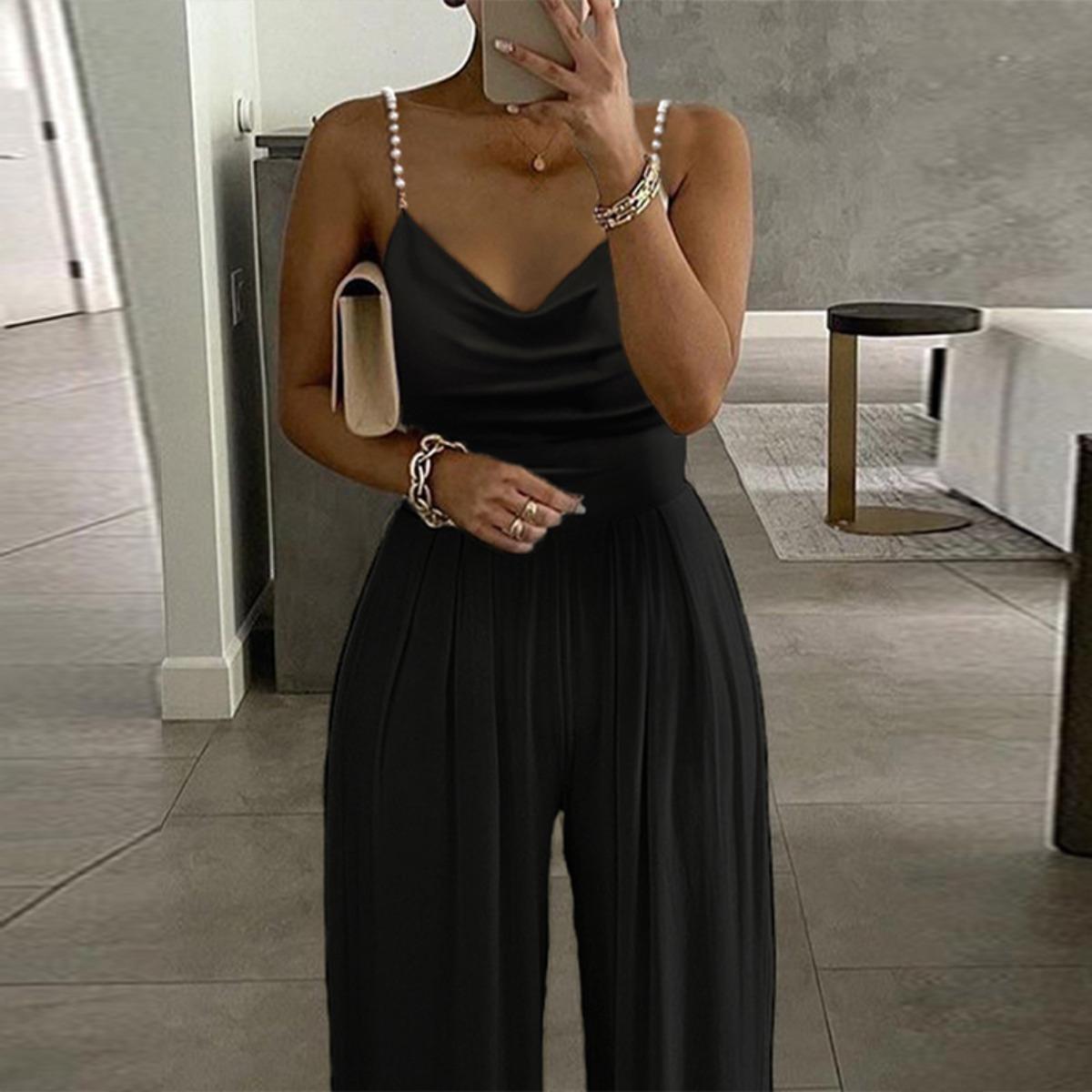 Women s V Neck Sleeveless Pearl Strap Jumpsuit Loose Fit High Waist Elegant Wide Leg Romper S