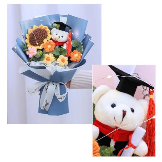 Graduation Crochet Flower Bouquet Handmade Knitted Artificial Sunflower Puff Flower Bear Graduation Gifts for Grad Party Favors