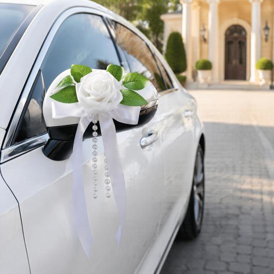 Wiederverwendbare Hochzeitsauto-Dekorationen Künstliche Weiße Rosen-Dekoration, Türgriff & Rückspiegel Blumenstrauß Märchen-Dekor mit Satinband-Schleife