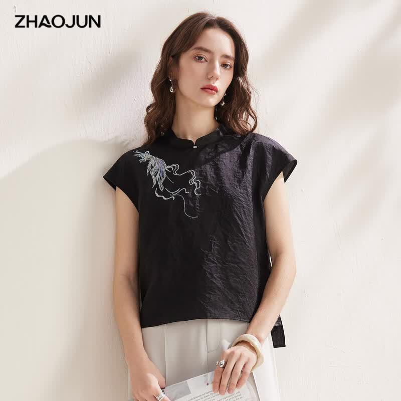 New Chinese Style Mulberry Silk Koi Embroidered Short Sleeve Top
