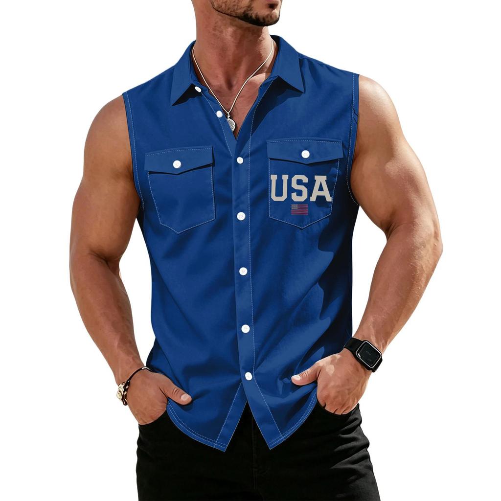 Men's Workwear Lapel Button-Down Vest Shirt - Lightweight Sleeveless Top