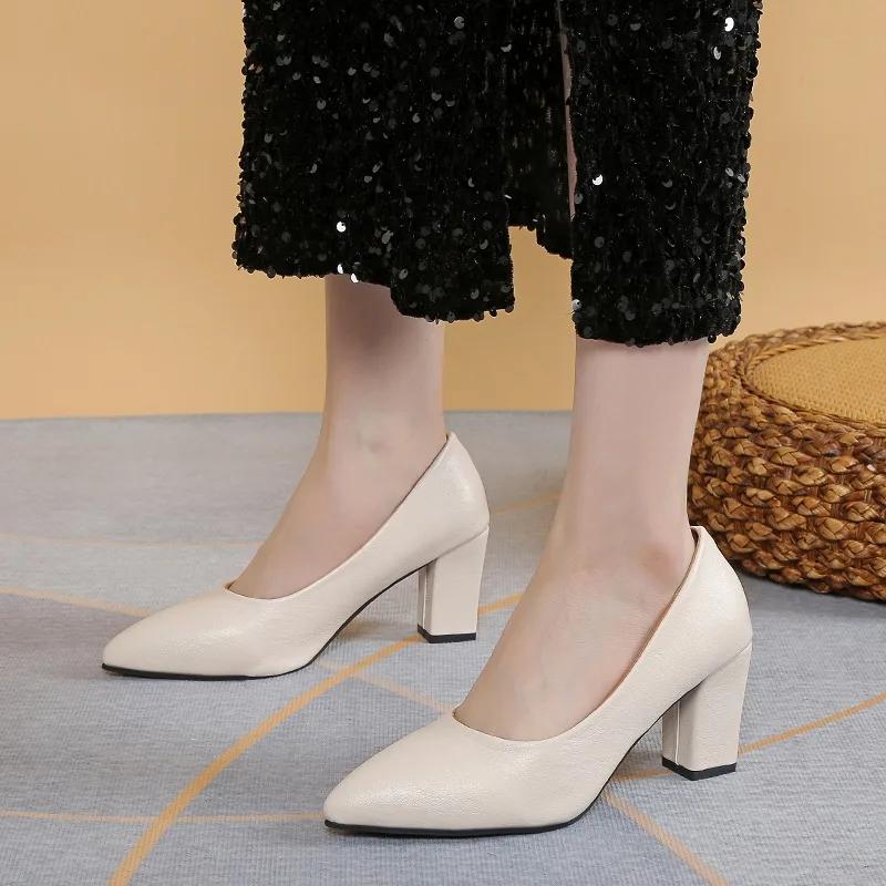 2024 Brand Shoes for Women Slip On Women's High Heels Concise Office & Career Pumps Women Pointed Toe Chunky Heels Shoes Ladies