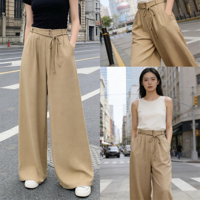 Casual Loose Lace-up Women's Wide-leg Pants Spring Summer Solid Color Elastic Waist Sweatpants Lace-up Trouser Women's Casual Simple Clothing