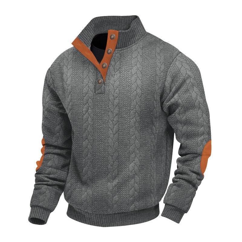 Jacquard Men's Button-Down Stand Collar Patchwork Henley Long-Sleeved Casual Sweatshirt