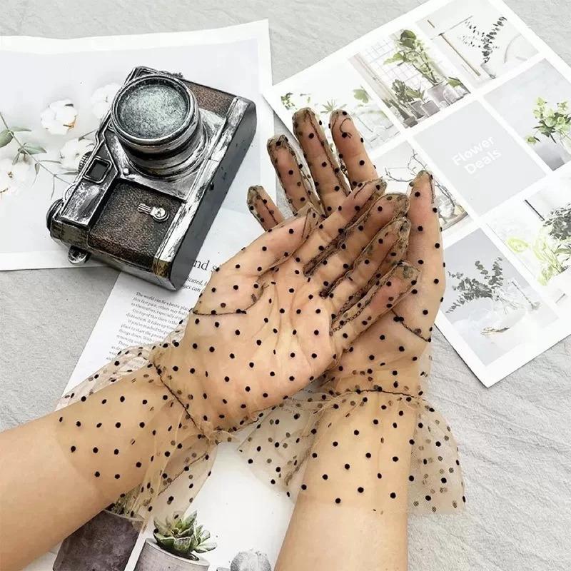 1/2Pair Sexy Transparentes Dot Print Black White Mesh Tulle GloveSpring Summer Thin Short Glove Club Prom Party  Dress Glove