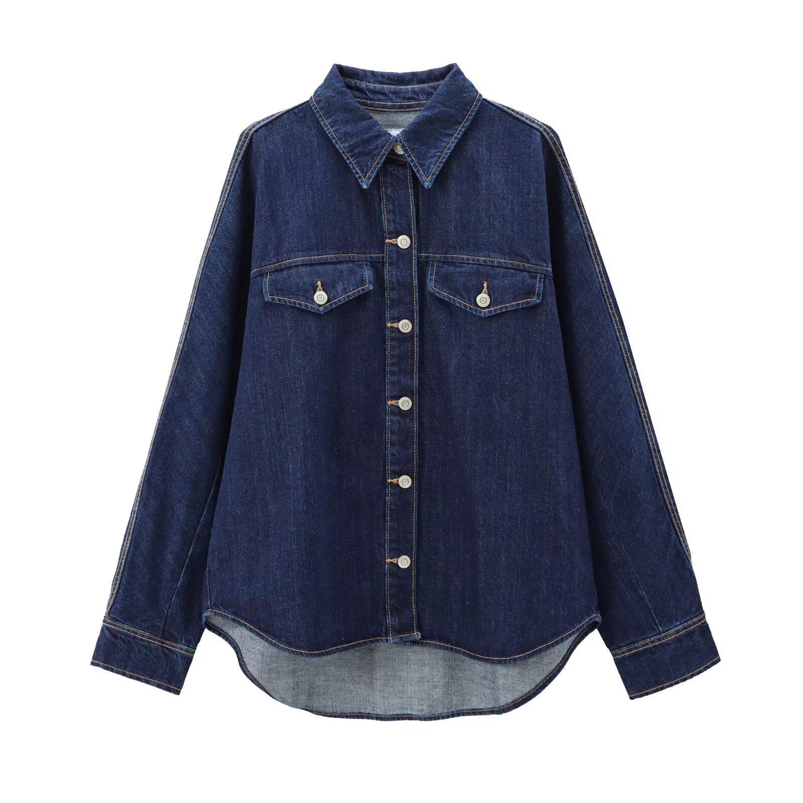 

Autumn 2024 Women s Casual Denim Shirt Jacket with Lapel and Pocket Details M