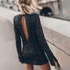 Damen-Kleid mit glänzenden Pailletten, aushöhlen am Rücken, lange Ärmel, lockerer Rundhalsausschnitt, geteilte Manschette, individueller Streetwear, Club, Party, Tanz, Minikleid