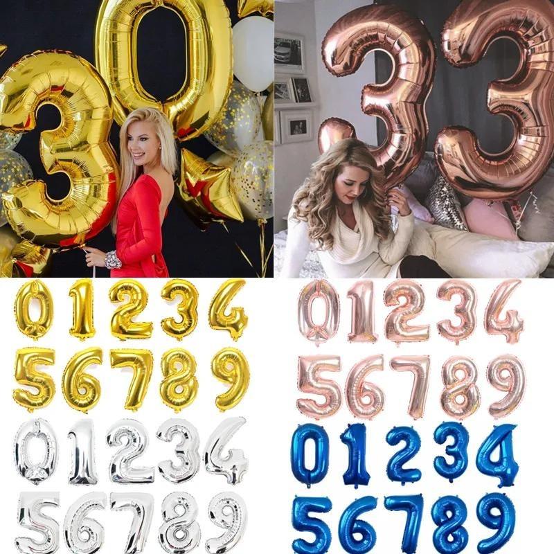 32inch Gold Rose Blue Silver Number Aluminum Film Balloons Digital Baby Shower Christmas Wedding Happy Birthday Party Decoration