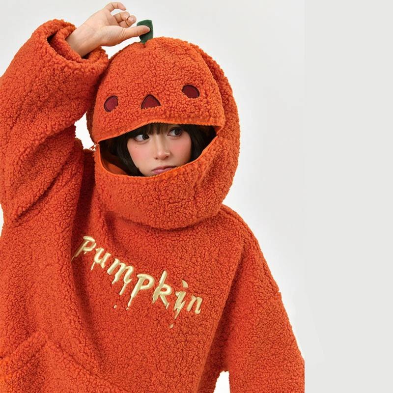 Women Round Neck Lamb Plush Halloween Decorated Hoodie Cute Pumpkin Shaped Embroidery Pellet Fleece Sweatshirt