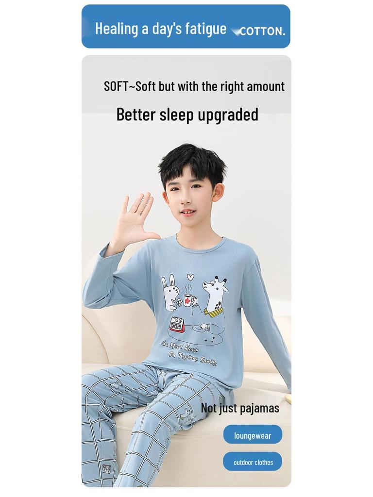 Boys' Long Sleeve Cotton Pajama Set for Summer with Air Conditioning Suit