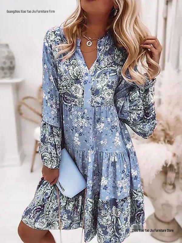 New Summer V-neck Chiffon Pleated Print Dress