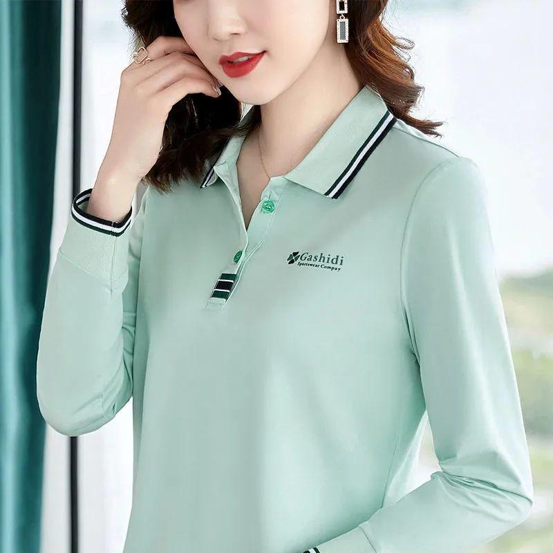Women's Plus Size Long Sleeve Lapel Polo Shirt - Casual Autumn Top for Middle-Aged Moms