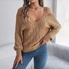 Women's Fashion V-neck Long Sleeved Solid Color Shoulder Loose Sweater