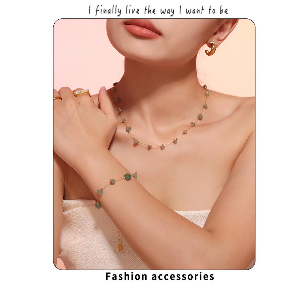 Natural Green Stone & Stainless Steel Collarbone Necklace and Bracelet Set