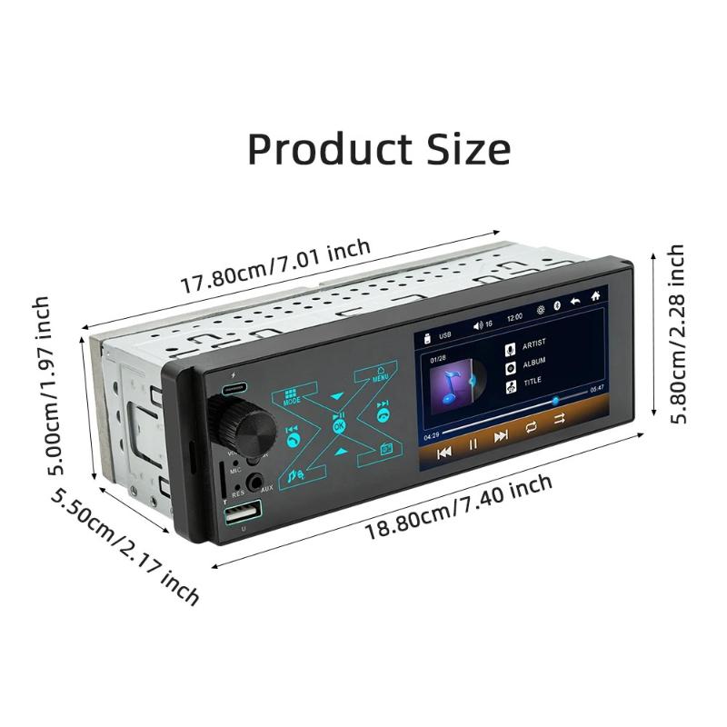2026 Portable Car Radio Stereo 1 Din 4.1" Touchscreen Bluetooth MP5 Player USB Type-C Charge TF AUX FM RCA Audio 7 Color Lights Vedio Input 60W*4 12V